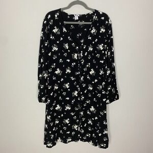 Old Navy Floral Dress Womens XXL Button Front Black Long Sleeves Cottagecore